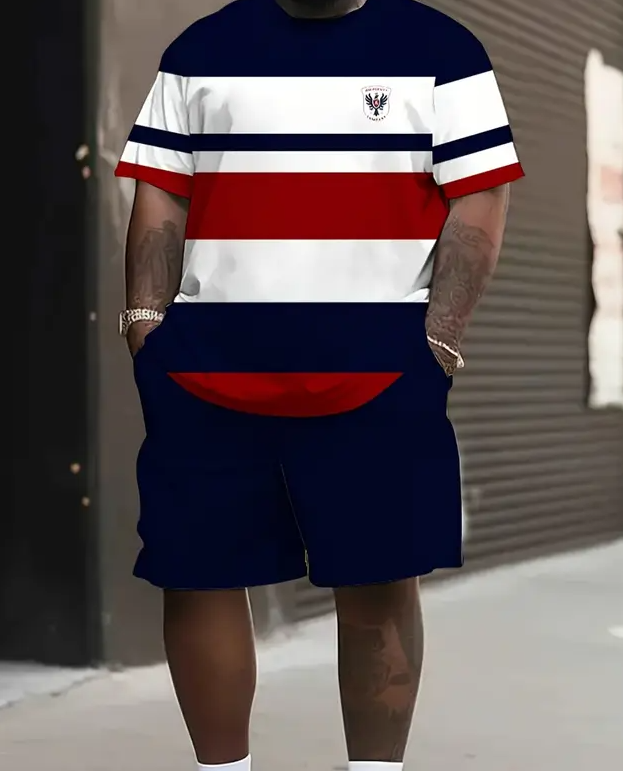 Men'S Summer 2pcs Activewear Set, 3D Print T-shirt and Drawstring Shorts, Fashionable Striped Round Neck Short Sleeve Sports T-shirt Set, Perfect for Outdoor Leisure and Entertainment,