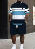 Men'S Plus Size Summer Casual Sports Suit, Breathable 3D Print Round Neck T-Shirt and Shorts Set, Knit Fabric with Slight Stretch, Regular Fit, Polyester 95.0% Spandex 5.0%,