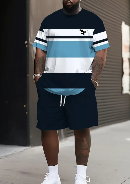 Men'S Plus Size Summer Casual Sports Suit, Breathable 3D Print Round Neck T-Shirt and Shorts Set, Knit Fabric with Slight Stretch, Regular Fit, Polyester 95.0% Spandex 5.0%,