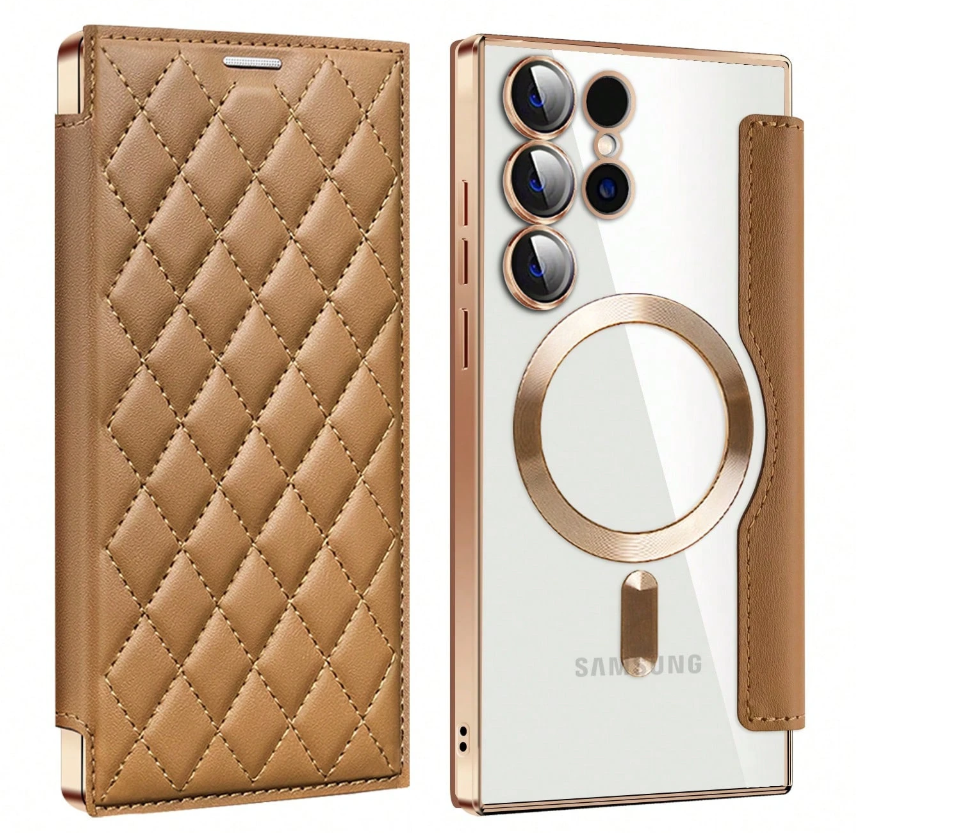 1pc Deluxe Diamond Leather Flip Cover Phone Case With Card Slots, Magnetic Shell Compatible With Samsung