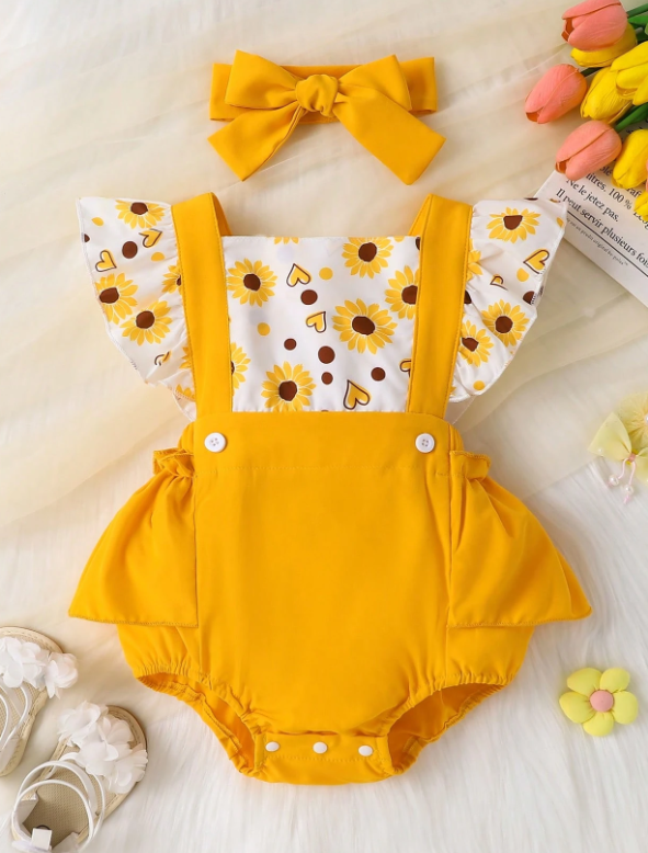 Baby Girls' Cute Square Collar Floral Ruffled Romper With Headband, Casual Style, Spring/Summer