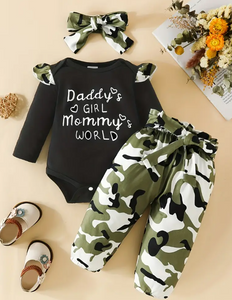 Letter Print Long Sleeve Shirt + Camouflage Long Pants Three Piece Set