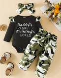 Letter Print Long Sleeve Shirt + Camouflage Long Pants Three Piece Set