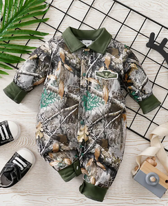Baby Boy Jungle Leaf Print Long Sleeve Romper - Slim Fit Casual Spring/Fall Outfit with Button Front,