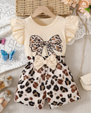 Girls' Clothing Leopard Print Bow Pattern Ruffle Sleeve Top with Leopard Print and Three-dimensional Bow Shorts Set,