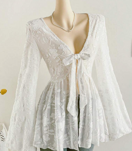 Soleia Women's Casual Chiffon V-Neck Tie Front Bowknot Long Flare Sleeve Irregular Hem Blouse, Versatile For Holiday, Party, Date, Afternoon Tea, Beach, Campus, Festival, Inner/Outer Wear Tie Front Blouse Boho Blouse White Blouse Summer Blouse