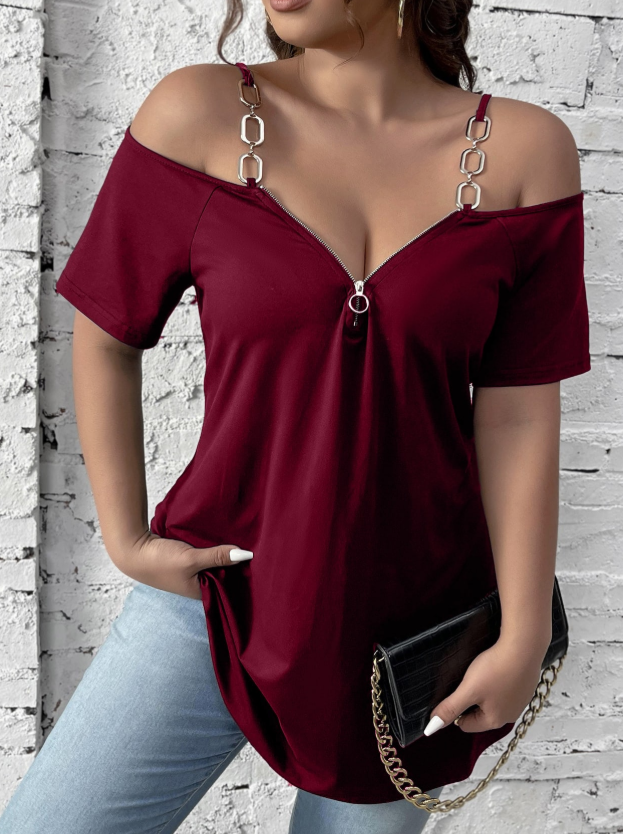 Clasi Plus Size Women's V-Neck Zippered Collar Chain Decor Shoulder Strap Short Sleeve