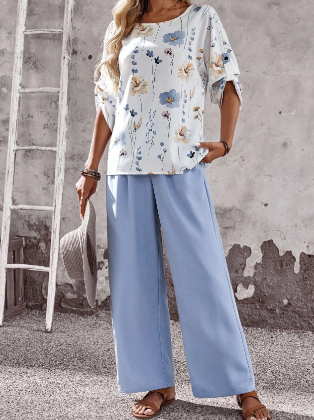 EMERY ROSE Summer Casual Floral Print Top And Solid Elastic Waist Pants Set,Cute