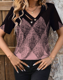 EMERY ROSE Women Summer Colorblock V-Neck Short Sleeve Casual T-Shirt
