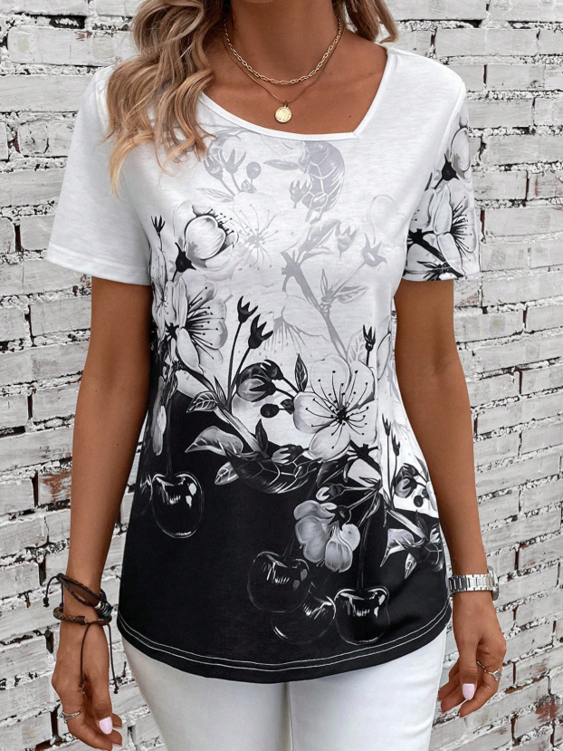 Ladies EMERY ROSE Floral Print Asymmetrical Neck Tee