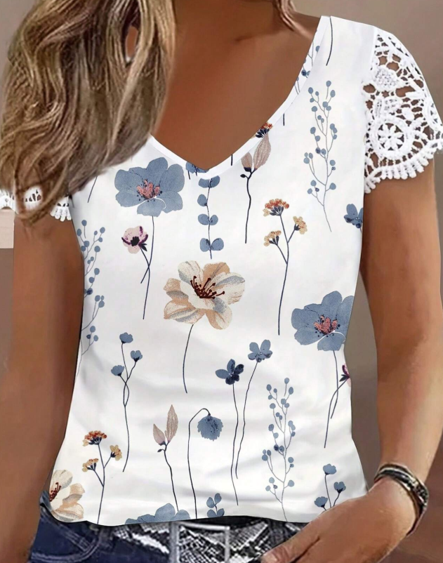 EMERY ROSE Women's Summer Holiday Floral Printed Lace Short Sleeve Casual T-Shirt