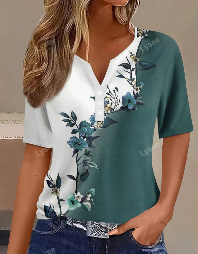 Casual Fashion Formal Button Short Sleeve Printed V-Neck Women T-Shirt