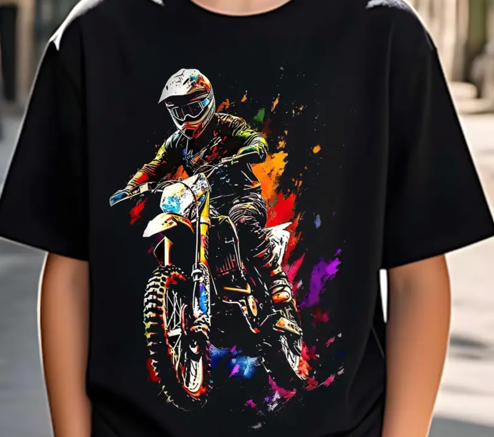 Youth Motocross Dirt Bike Racing Graphic T-Shirt - Black Tee with Red/Blue/Purple Splash Design - Lightweight Breathable Shirt for Boys & Girls - Motorcycle Enthusiast Apparel - Spring/Summer Casual Outfit, Summer Clothing, Vibrant Print Top, Comfortable