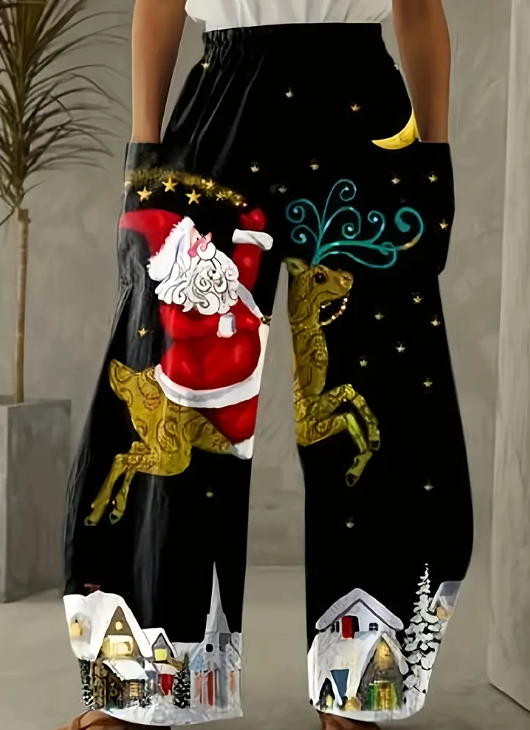 Santa Claus Print Baggy Pants, Christmas Elastic High Waist Dual Pockets Loose Pants For Spring & Summer, Women's Clothing