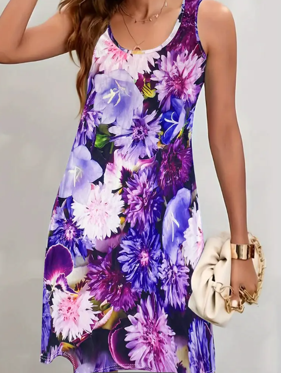 Women's Floral print - Black base with Purple Pink Floral Pattern, A-Line Silhouette for Casual & Formal Events - Machine Washable Everyday & Party Dress, Floral Print Dress, Medium Elasticity