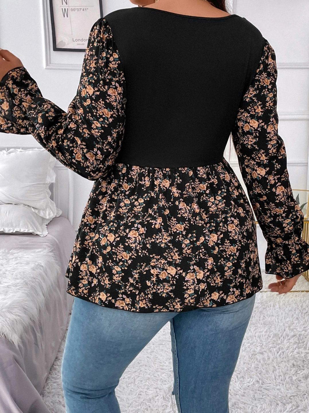 Vionelle Plus Size Women Crew Neck High Elastic Knit Tank Top, Colorblocked Ditsy Ditsy Floral Fabric, Fitte