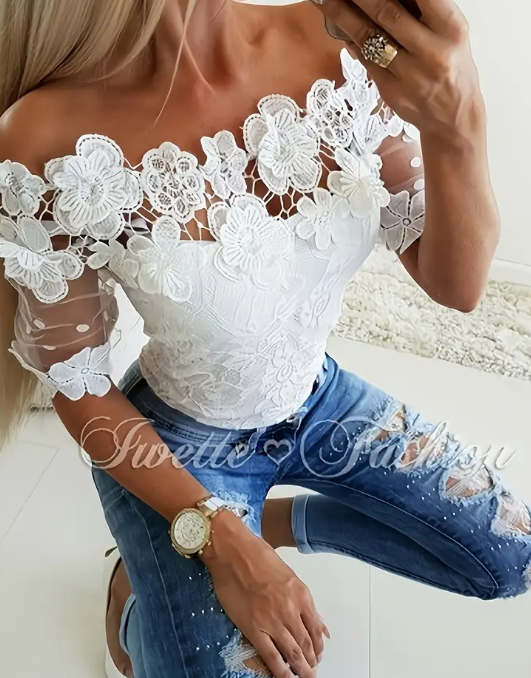 Women's Sexy Off-Shoulder Short Sleeve T-Shirt - White Lace Trim Cropped Top with Ruffle Detail, Machine Washable All-Season Casual & Party Wear, Evening Wear Top | Cropped Top Style