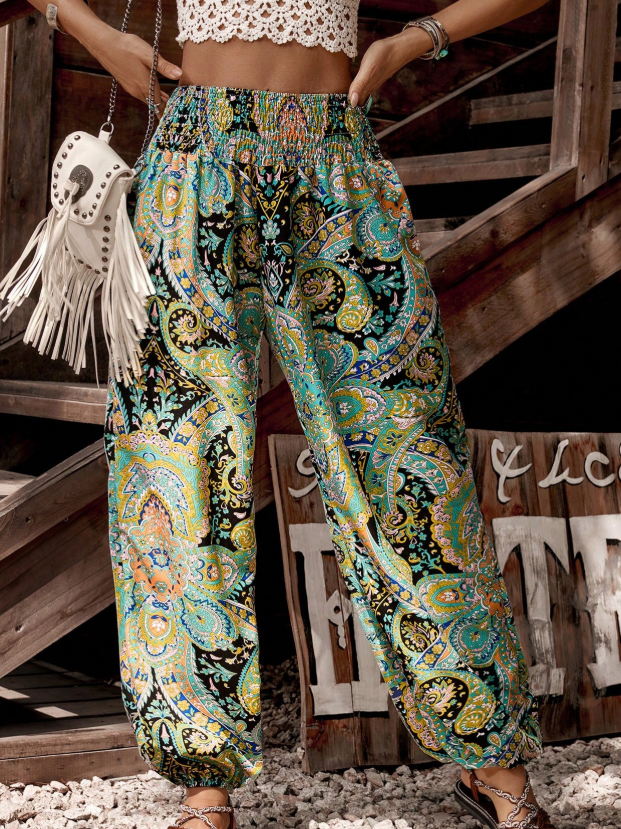 Breezaya Paisley Print Shirred Waist Pants Fall Cloth For Women
