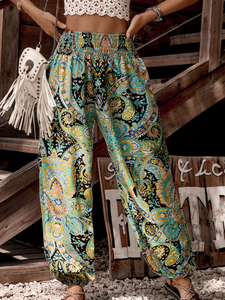Breezaya Paisley Print Shirred Waist Pants Fall Cloth For Women