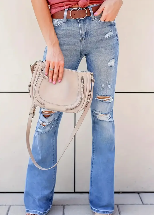 Women'S High-Waist Stretchy Distressed Flared Jeans - Light Blue Casual Pants with Tummy Control, Side Pockets & Ripped Details, Comfortable All-Season Streetwear for Travel,