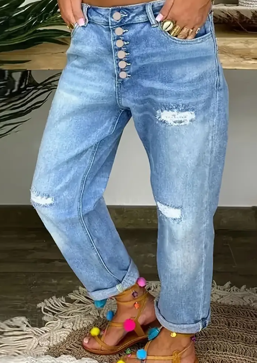 Women's 2025 new stretch high-waisted loose ripped jeans, washed blue wide-leg denim trousers with pockets,