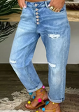 Women's 2025 new stretch high-waisted loose ripped jeans, washed blue wide-leg denim trousers with pockets,