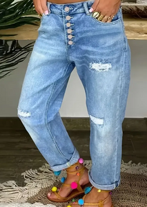 Women's 2025 new stretch high-waisted loose ripped jeans, washed blue wide-leg denim trousers with pockets,