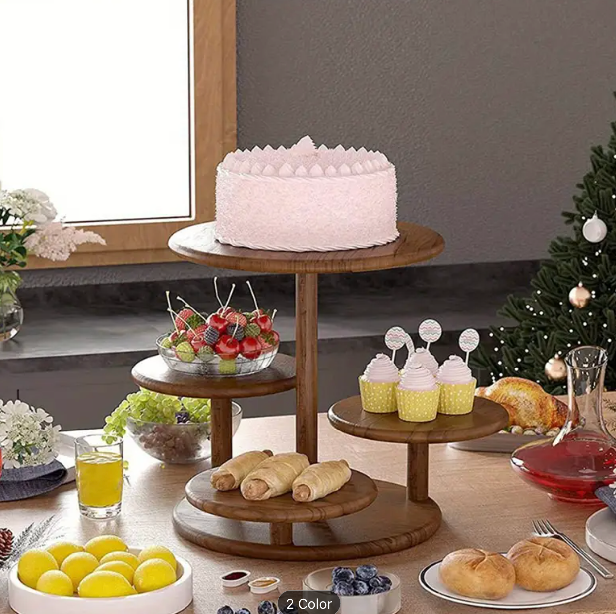 Wooden 4-Tier Cupcake Stand, Rustic Log Cake Tower with Tiered Serving Trays, Round Dessert Display Holder for Snacks, Birthday, Tea Party, Graduation Decor