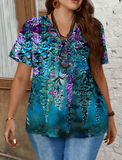 EMERY ROSE Plus Size Women Casual Ditsy Floral V-Neck Short Sleeve T-Shirt, Suitable For Summer