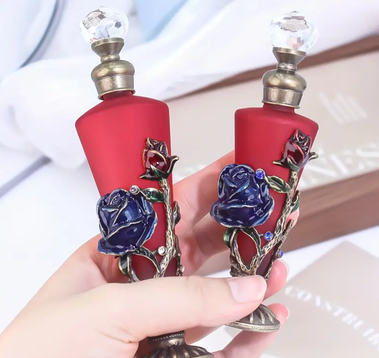 18ml/25ml Tapered Enamel Rhinestone Hand-Painted Rose Perfume Bottle - Vibrant Colors, Floral Patterns, Portable Reusable Beautifully Decorated Bottle - Holiday Travel Perfume and Essential Oil Dispenser Bottle (Unscented, Empty Only)
