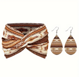 Bohemian Style Headband and Earrings Set - 2pcs, Polyester Boho Wide Printed Cross Knot Hairbands with Matching Earrings, Breathable, High Elastic, Washable, Lightweight, Daily Use Headband Sets for Women - Multiple Patterns Available