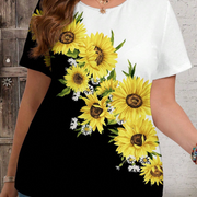 EMERY ROSE Contrast Color Sunflower Floral Pattern Round Neck Casual Loose Women Plus Size