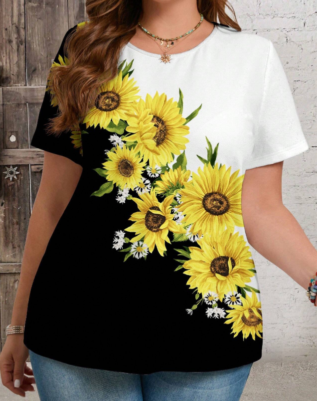 EMERY ROSE Contrast Color Sunflower Floral Pattern Round Neck Casual Loose Women Plus Size