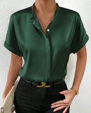 RosyDaze Solid Button Front Batwing Sleeve Satin Shirt,Short Sleeve Tops