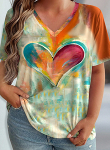 EMERY ROSE Plus Size Women Heart Print V-Neck Short Sleeve Casual T-Shirt, Summer