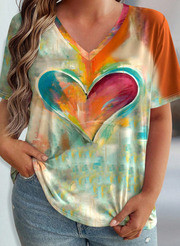 EMERY ROSE Plus Size Women Heart Print V-Neck Short Sleeve Casual T-Shirt, Summer