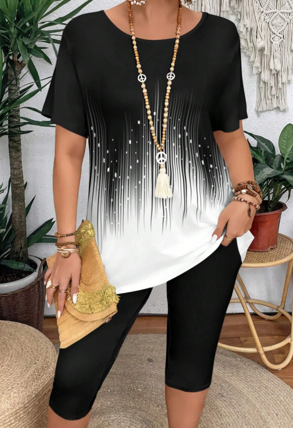 Casual Colorblock Striped Round Neck Short Sleeve Graphic Tees And Leggings 2 Pieces Set For Plus