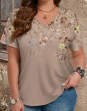 EMERY ROSE Summer Casual Floral Pattern V-Neck Short Sleeve Slim Fit Plus Size Women's T-Shirt