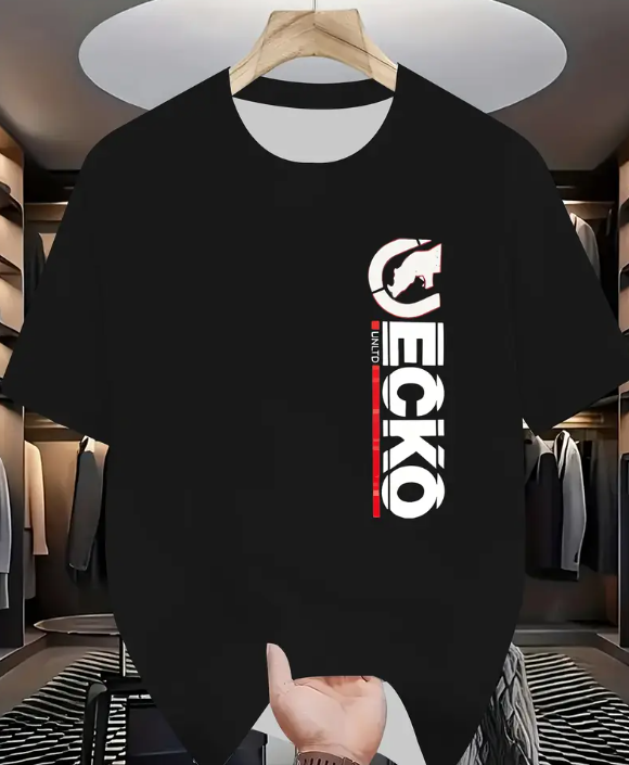 Men'S Plus Size 3D Print T-Shirt - "ECKO" Graphic, White Casual Summer Tee with Red & Black Design