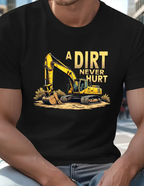 Plus Size Men's Graphic T-Shirt - Excavator Dirt Never Hurt Construction Design, White with Yellow Print,