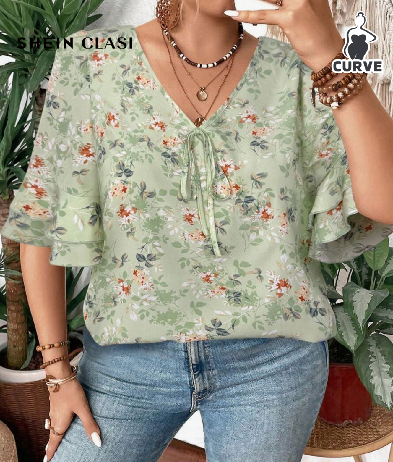 SHEIN Clasi Women V-Neck Floral Print Ruffle Double Layer Mid Sleeve Blouse
