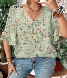 SHEIN Clasi Women V-Neck Floral Print Ruffle Double Layer Mid Sleeve Blouse