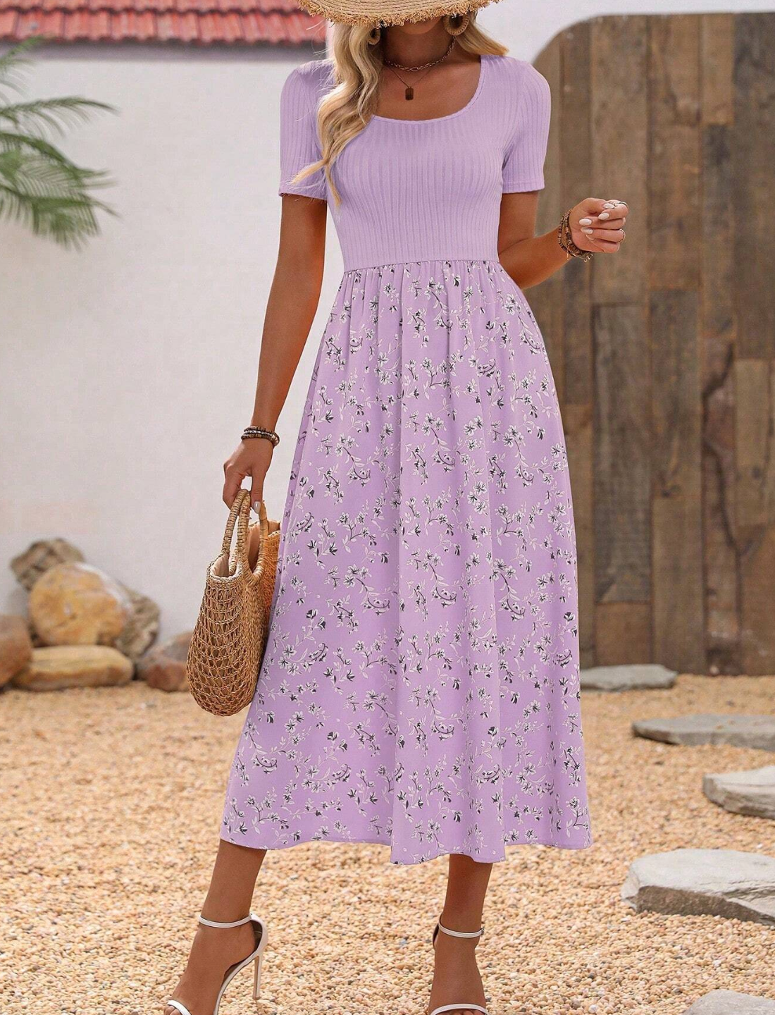EMERY ROSE Solid Color Spliced Round Neck Short Sleeve Ruched Simple Dress,