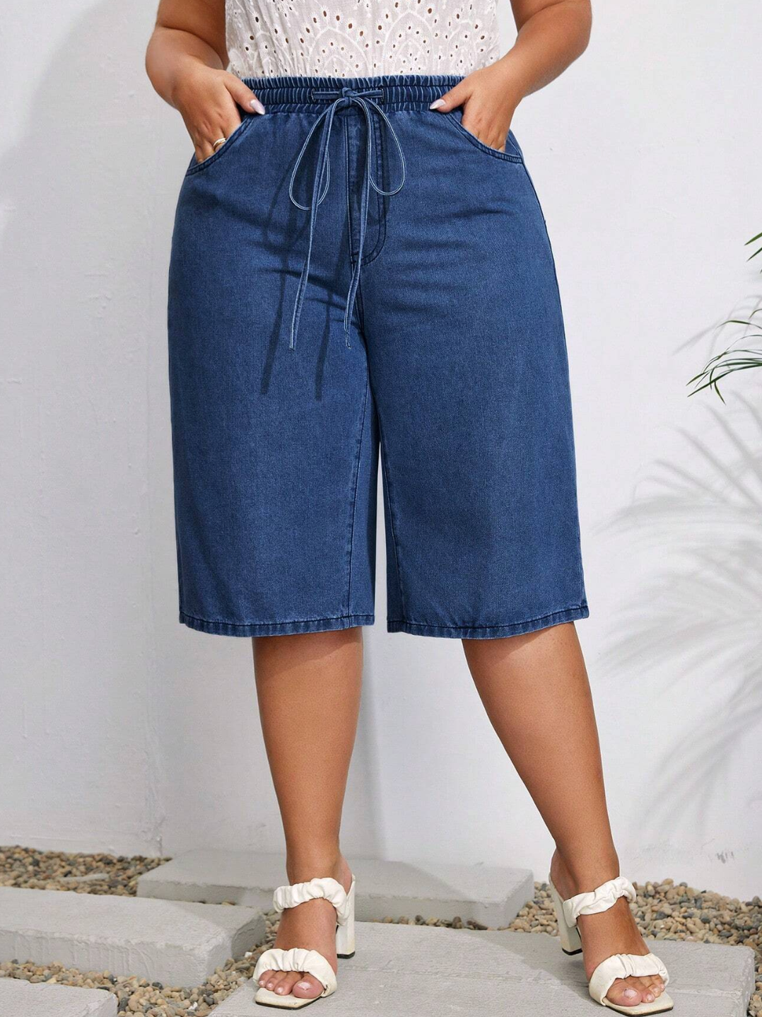 EMERY ROSE Plus Drawstring Waist Bermuda Denim Shorts