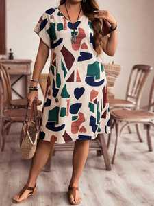 EMERY ROSE Plus Size Women's Summer Geometric Printed V-Neck Batwing Sleeve Straight Dress
