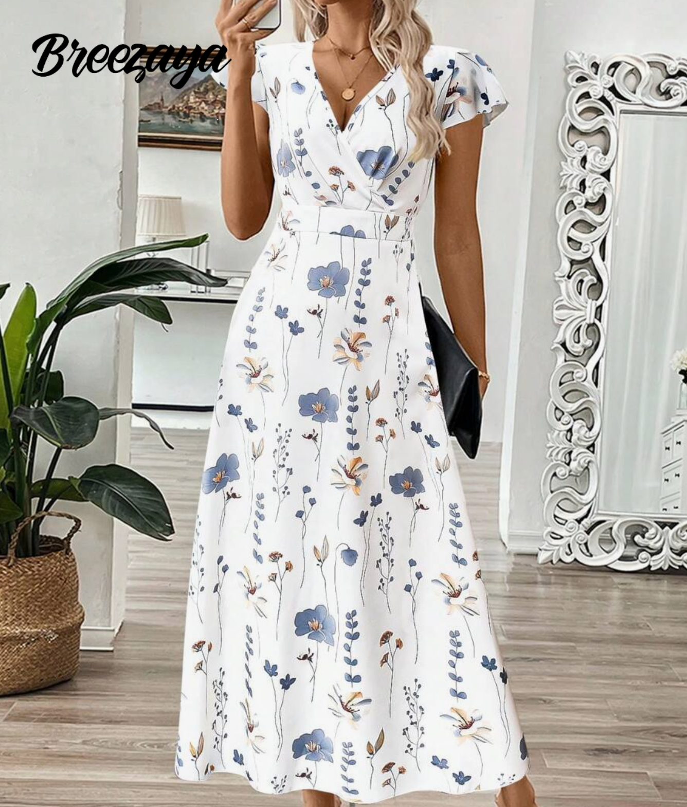 Breezaya Women's Summer V-Neck Long Branch & Leaf Print Cinched Waist A-Line Dress