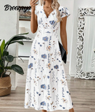 Breezaya Women's Summer V-Neck Long Branch & Leaf Print Cinched Waist A-Line Dress