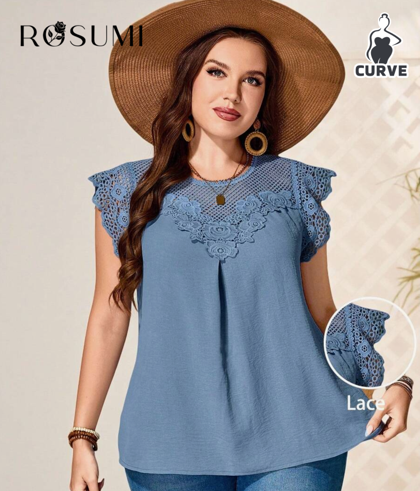 Rosumi Plus Size Women Water-Soluble Lace Tunic Tops Dressy Blouses , Vacation Summer