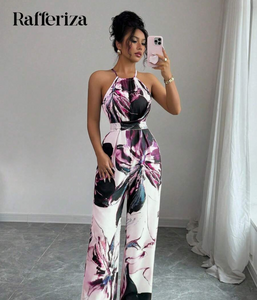 Rafferiza Women's Elegant Floral Print Halter Jumpsuit