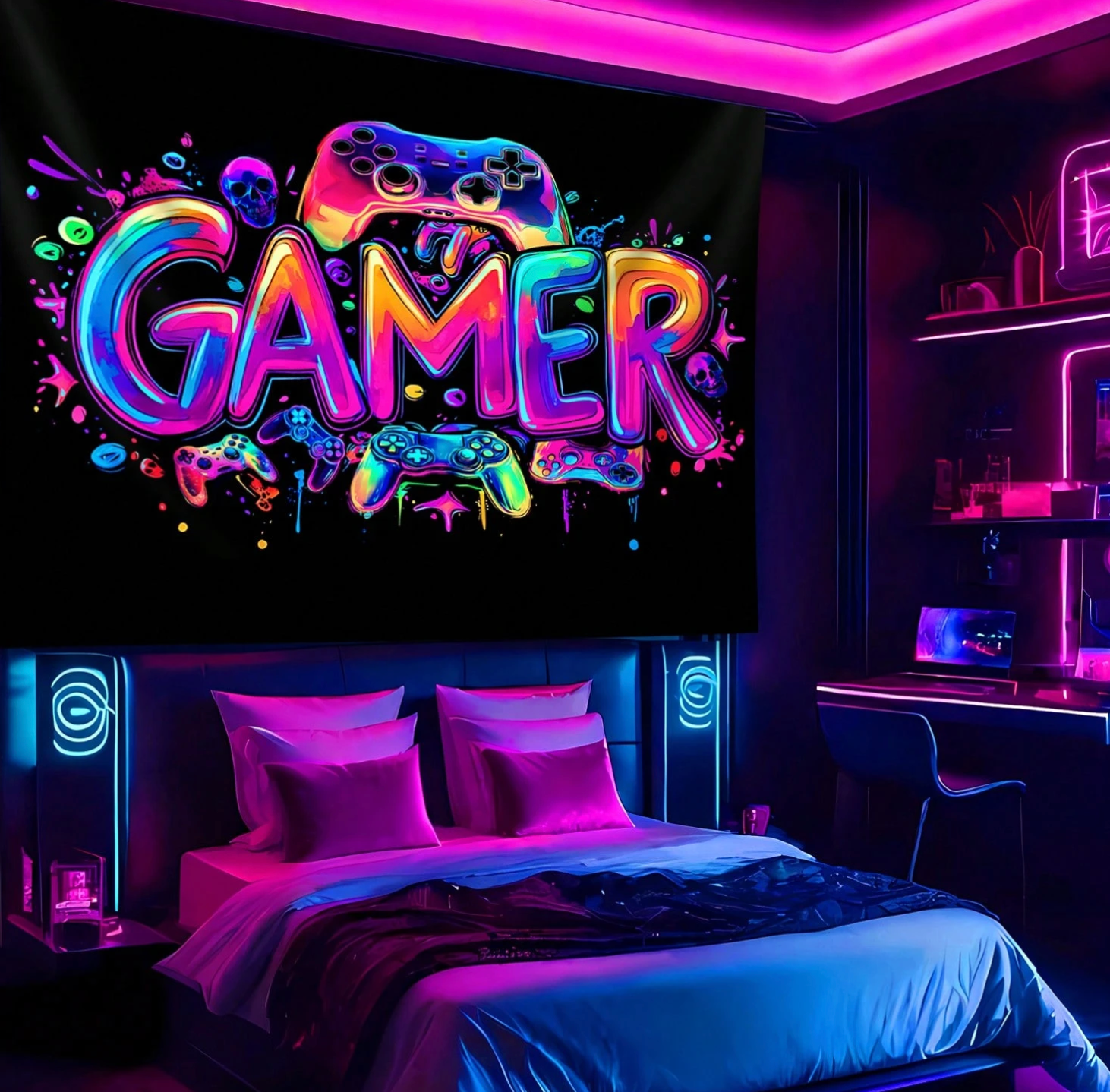 1pc Vibrant Game UV Black Light Tapestry, Game Room Large Size Photography Background Cloth H